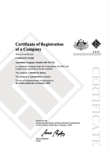 Australia certificate of company registration Word and PDF template, version 2